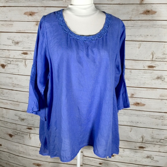 Cheyenne Tops - Cheyenne linen bell sleeve top crochet trim L/XL